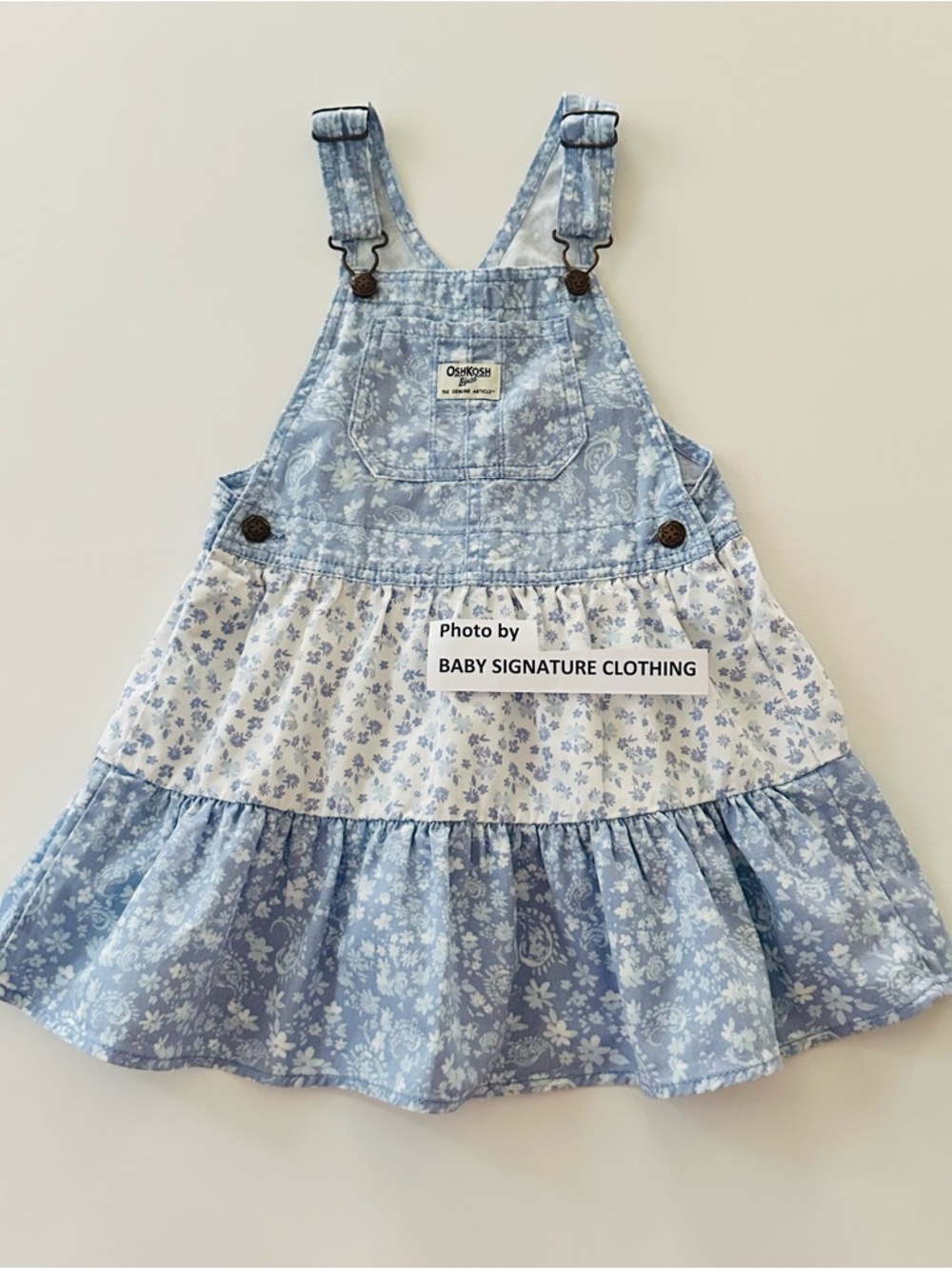 OshKosh B'gosh 5T Toddler Girl Light Blue & White Floral Denim Overall Dress